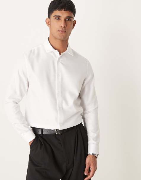 ASOS DESIGN formal easy iron regular shirt in herringbone texture in white