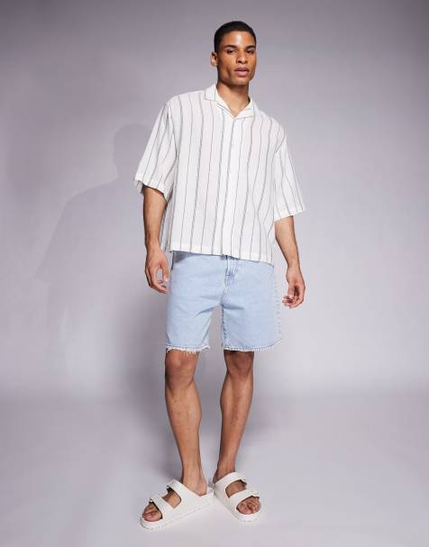 ASOS DESIGN boxy oversized revere textured shirt in green and white stripe