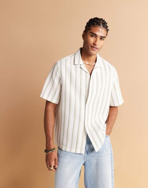 ASOS DESIGN revere textured shirt in white with green stripe