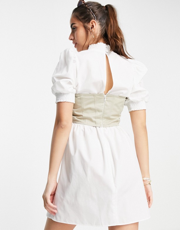  Z Chin ASOS DESIGN – Biała gorsetowa sukienka mini 2 w 1 z bawełnianej popeliny Biały