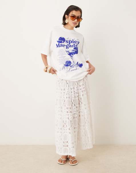 ASOS DESIGN premium tiered textured lace maxi skirt in white