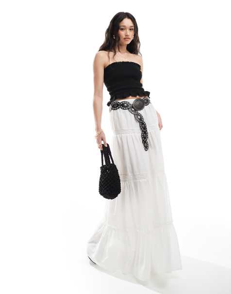 ASOS DESIGN lace insert tiered boho maxi skirt in white