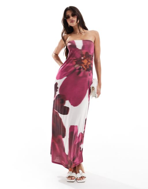 ASOS DESIGN – Biała kolumnowa sukienka midi z dekoltem bandeau w duży kwiatowy wzór
