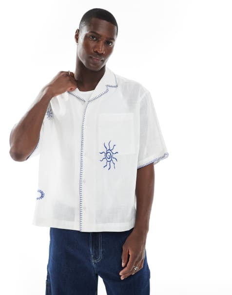 ASOS DESIGN boxy oversized revere shirt with embroidery in white
