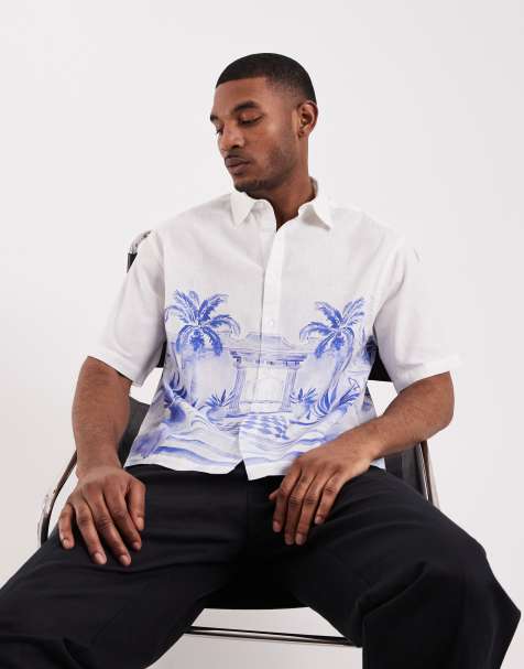 ASOS DESIGN – Biała koszula oversize o pudełkowym kroju z domieszką lnu i nadrukiem - view 1
