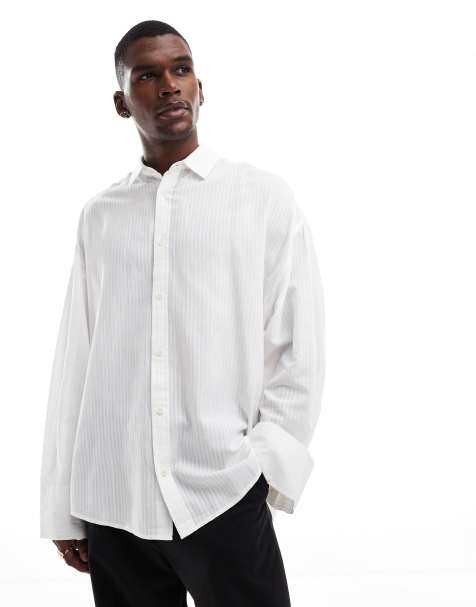 ASOS DESIGN volume oversized shirt in white stripe jacquard