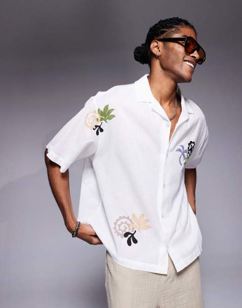 ASOS DESIGN oversized revere shirt with print in white