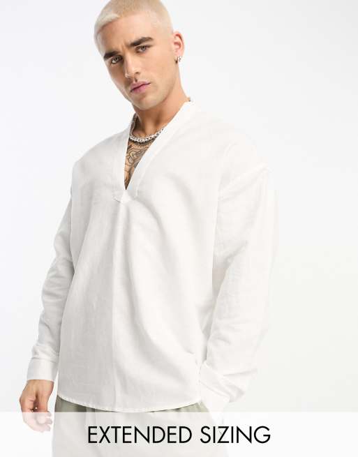 ASOS DESIGN – Biała koszula oversize zakładana przez głowę z materiału z przewagą lnu
