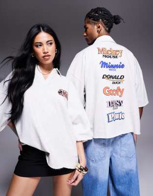 ASOS DESIGN – Biała koszulka polo unisex o fasonie extreme oversize z krótkim rękawem i haftowanym logo Disney - view 1