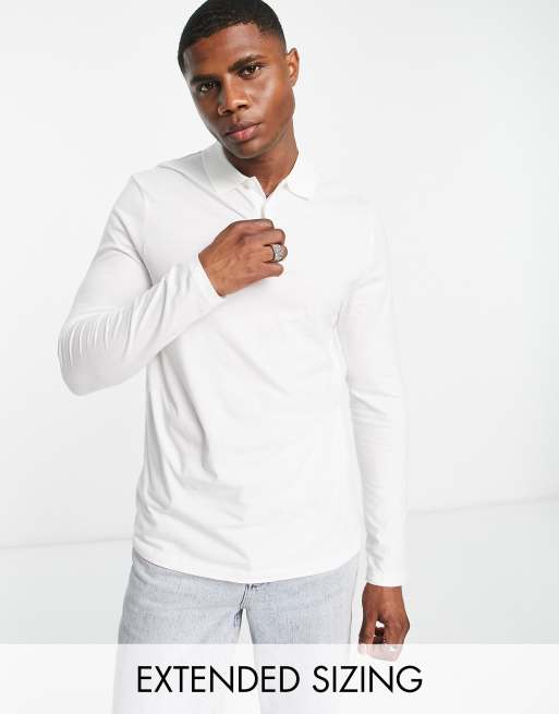 ASOS DESIGN – Biała koszulka polo z dżerseju z długimi rękawami z mieszanki bawełny – WHITE