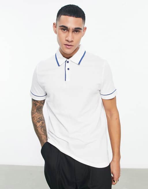 ASOS DESIGN – Biała koszulka polo z kołnierzykiem kubańskim z granatowymi lamówkami