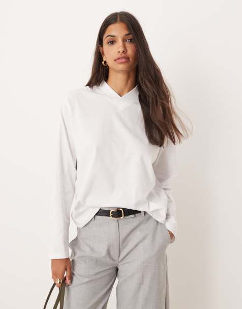 ASOS DESIGN high v neck detail long sleeve tee in white