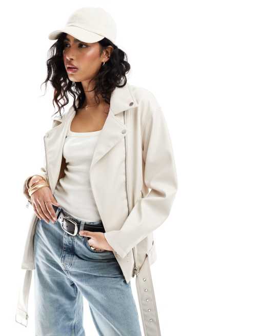 ASOS DESIGN – Biała kurtka motocyklowa oversize o wydłużonym fasonie z imitacji skóry