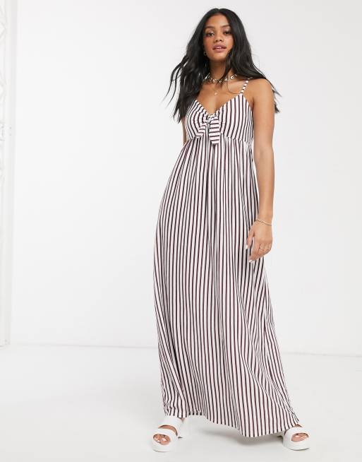 ASOS DESIGN – Biała letnia sukianka maxi na ramiączkach w śliwkowe paski z ozdobną kokardą z przodu