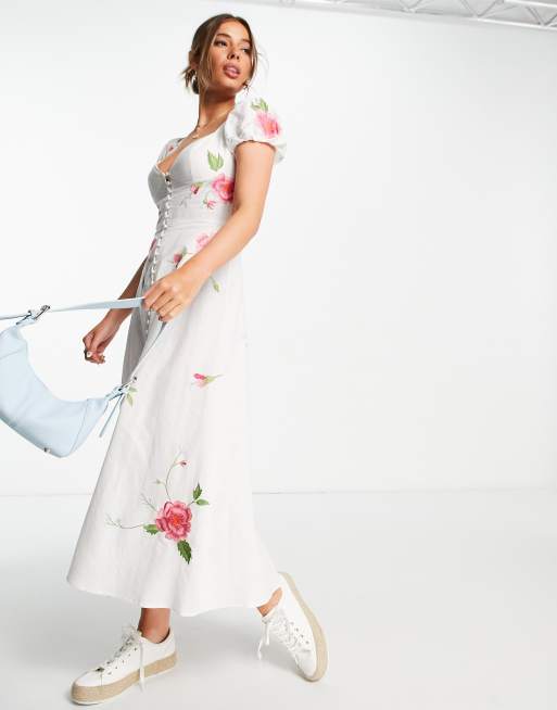 ASOS DESIGN – Biała lniana sukienka midi z dekoltem w serduszko zapinana na guziki i ozdobiona haftem na całej powierzchni