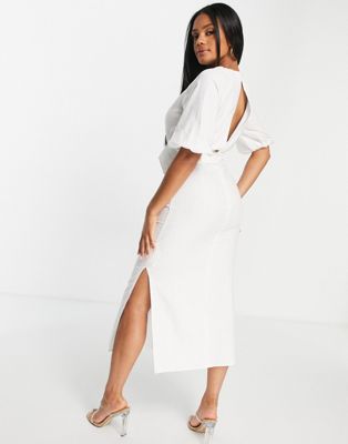 ASOS DESIGN – Biała lniana sukienka midi z zapięciem na guziki i bufiastymi  rękawami | ASOS