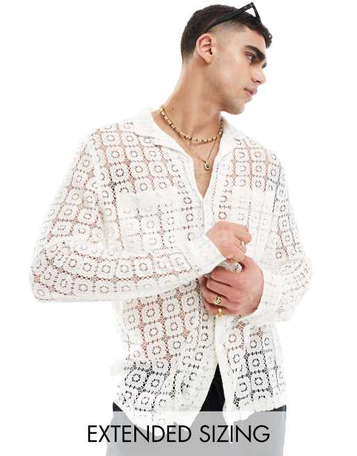 ASOS DESIGN – Biała luźna koszula z kołnierzykiem kubańskim z kafelkowej koronki