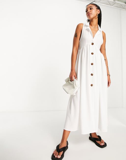 ASOS DESIGN – Biała luźna sukienka midi z zapięciem na guziki i kołnierzykiem 