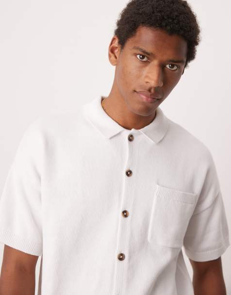 ASOS DESIGN relaxed midweight knitted cotton button through polo in white