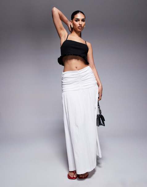 ASOS DESIGN crinkle drop waist maxi skirt in white
