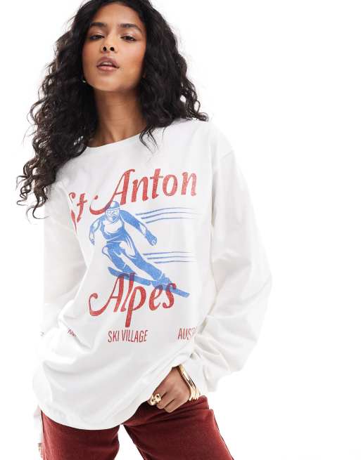 ASOS DESIGN – Biała melanżowa koszulka skaterska oversize z długimi rękawami z narciarską grafiką