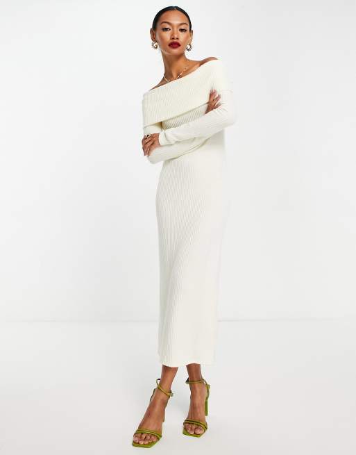 ASOS DESIGN – Biała miękka dzianinowa sukienka midi z dekoltem bardot