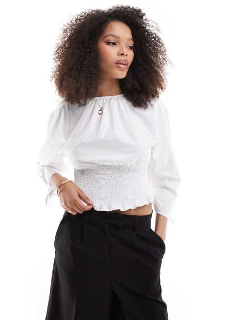 ASOS DESIGN – Biała popelinowa bluzka z marszczeniem w talii i marszczonymi rękawami