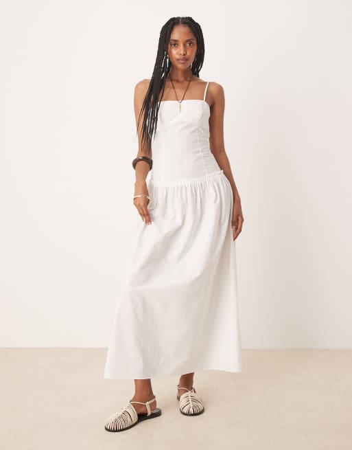 ASOS DESIGN – Biała popelinowa sukienka maxi na ramiączkach z ozdobnymi szwami i pełną spódnicą