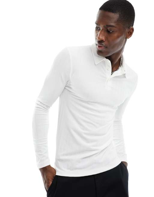 ASOS DESIGN – Biała prążkowana koszulka polo z długimi rękawami o kroju podkreślającym sylwetkę