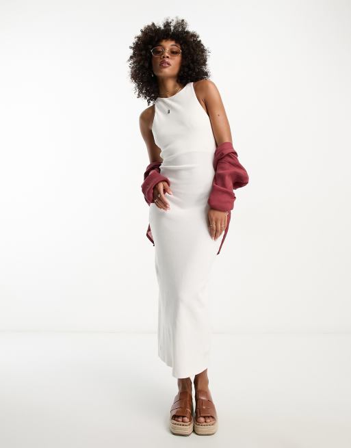 ASOS DESIGN – Biała prążkowana sukienka midi o kroju bodycon z dekoltem karo i drewnianymi koralikami