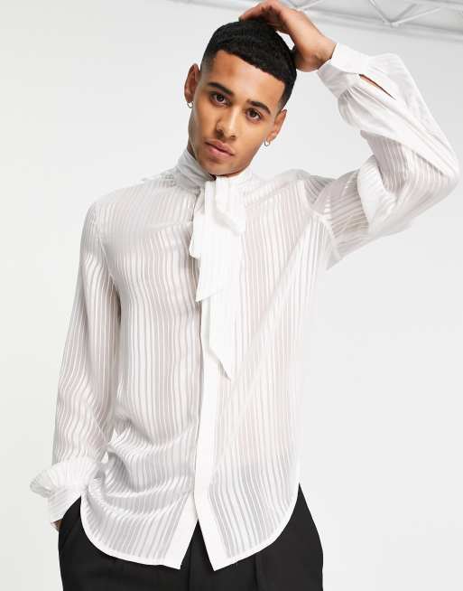 ASOS DESIGN – Biała, prześwitująca koszula w paski, z kokardą
