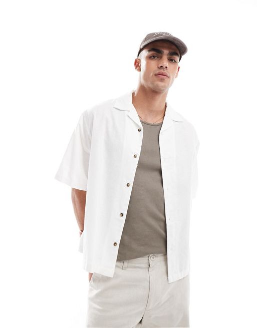 CerbeShops DESIGN – Biała pudełkowa koszula oversize z kołnierzykiem kubańskim z domieszką lnu