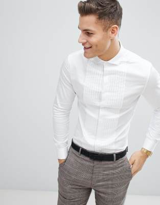 ASOS DESIGN – Biała satynowa koszula ślubna o dopasowanym kroju z plisami i podwójnym mankietem