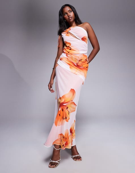 ASOS DESIGN – Biała siateczkowa sukienka midi na jedno ramię z ozdobnym wiązaniem i skośnym wycięciem w kwiatowy wzór - view 1