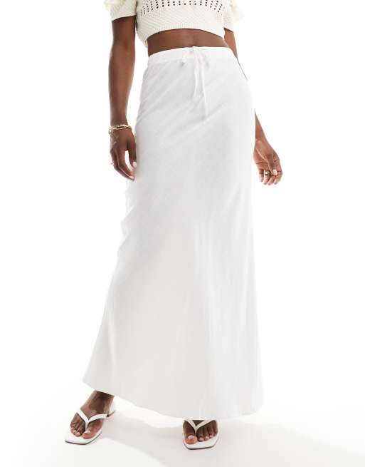 ASOS DESIGN – Biała spódnica maxi cięta ze skosu z domieszką lnu z wiązaniem w talii