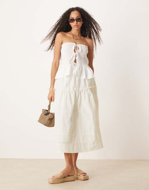 ASOS DESIGN boho midi skirt with embroidered hem in white