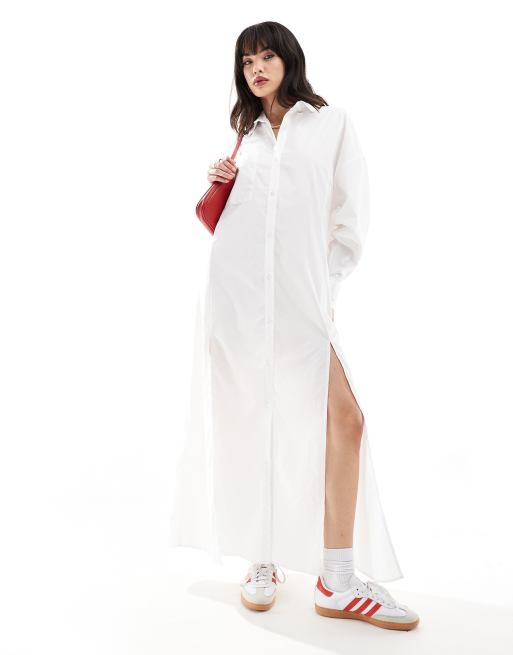 ASOS DESIGN – Biała sukienka koszulowa maxi z głębokim podwójnym rozcięciem