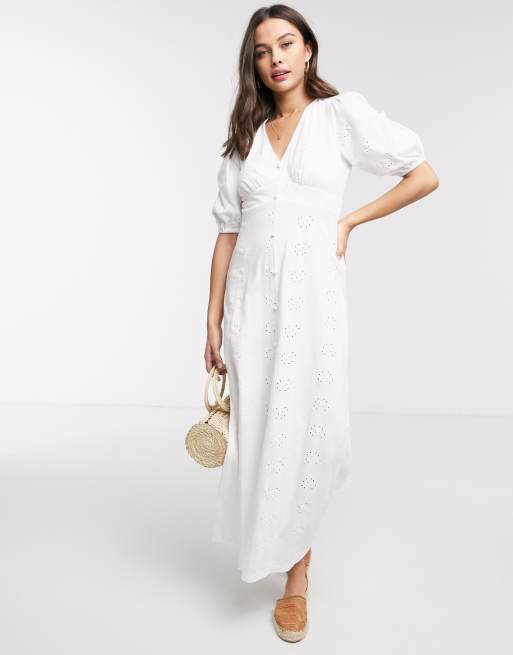 ASOS DESIGN – Biała sukienka maxi z bufkami i haftem angielskim, 3 z 4