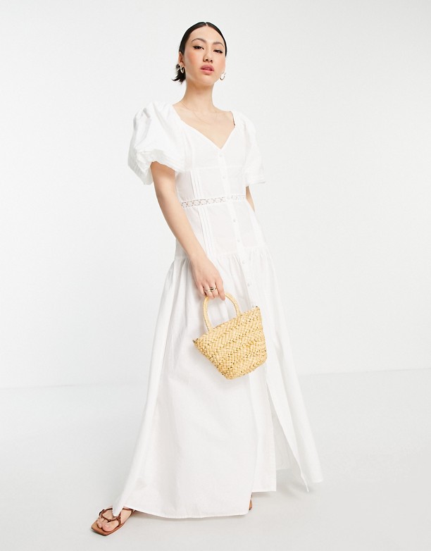 ASOS DESIGN – Biała sukienka maxi z koronkowymi wstawkami i szczypankami Biały Kupić 