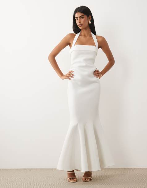 ASOS DESIGN square neck maxi dress with bow back in white scuba-style fabric