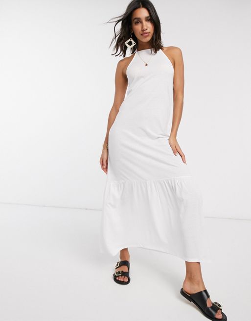 ASOS DESIGN – Biała sukienka maxi z kwadratowym dekoltem typu halter i  falbaną u dołu | ASOS