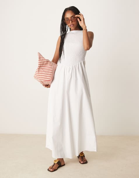 ASOS DESIGN shirred bodice maxi dress in white