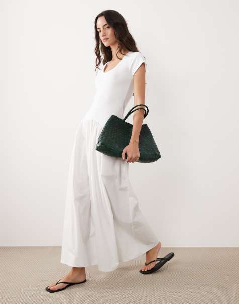 ASOS DESIGN – Biała sukienka maxi z obniżoną talią i spódnicą z popeliny - view 1