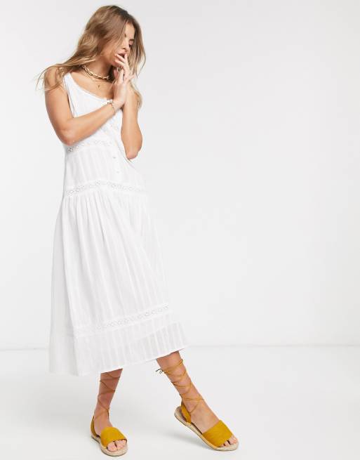 ASOS DESIGN – Biała sukienka midi z koronkowymi wstawkami bez rękawów z obniżoną talią