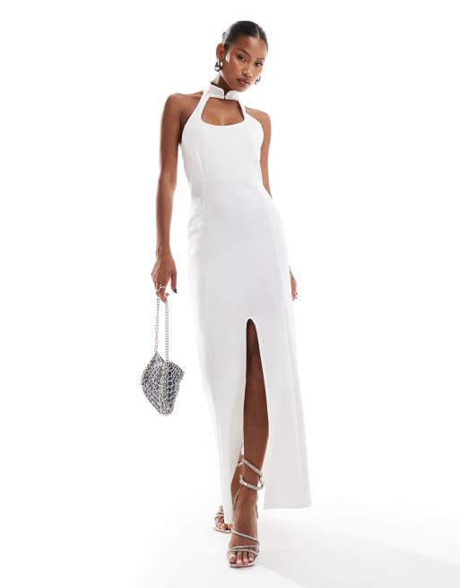ASOS DESIGN – Biała sukienka midi z kwadratowym dekoltem typu halter i rozcięciem z tkaniny scuba