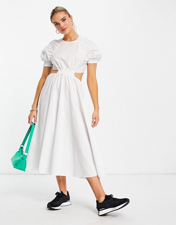 ASOS DESIGN – Biała sukienka midi z popeliny bawełnianej z raglanowymi rękawami i wycięciami Biały Darmowy 