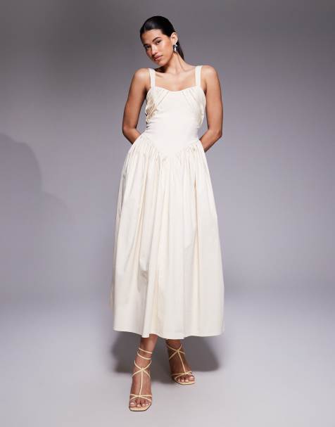 ASOS DESIGN structured bust detail full skirt midi dress in ivory