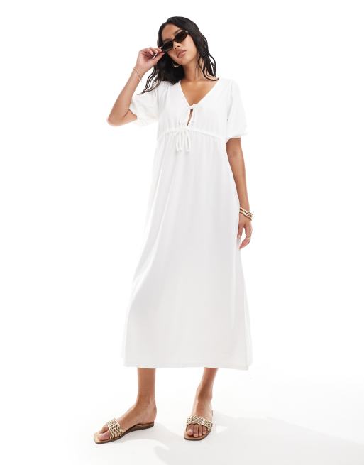 ASOS DESIGN – Biała sukienka midi z wiązaniem i bufkami