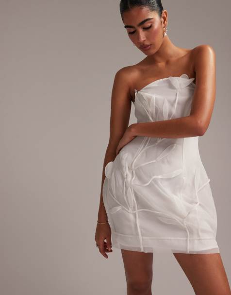 ASOS DESIGN bandeau mini dress with trailing 3D flowers in white