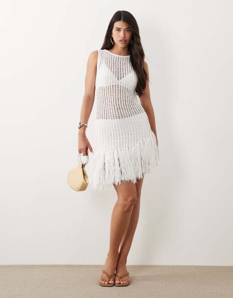 ASOS DESIGN – Biała sukienka mini z dołem z frędzlami - view 1